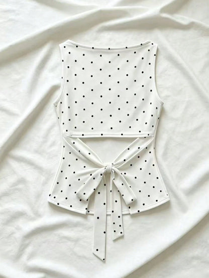 Women's Fashion Cowl Neck Tie Polka Dot Pleated Blouse