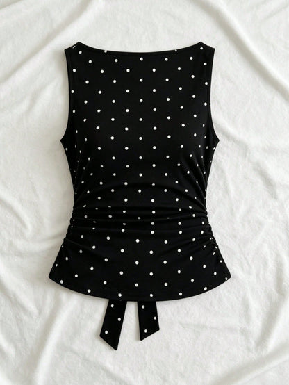 Women's Fashion Cowl Neck Tie Polka Dot Pleated Blouse