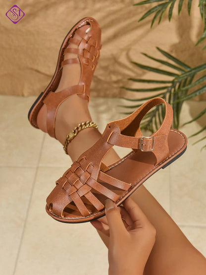 Women's Fashion Plus Size Wide Toe Hollow-Out Fisherman Sandals Mesh Cross Strap Flat Casual Outdoor Beach Sandals