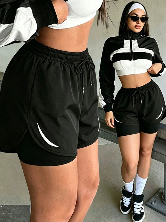 Women's Fashionable Outdoor Casual Sports Shorts, 2 In 1 Printed Design, Multiple Colors, Regular Fit, Suitable For Outdoor Activities And Daily Wear, Perfect Gift For Girlfriend