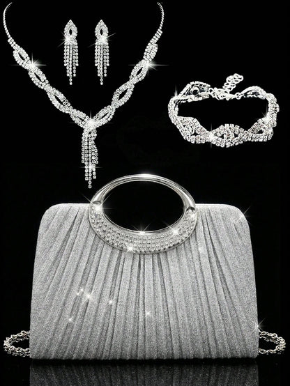 Women's Fashionable Sparkling Crystal Diamond Evening Clutch Bag, Luxurious Diamond-Encrusted Formal Dress Handbag, Can Be Matched With Sparkling Crystal Diamond Jewelry Set Including Dazzling Pendant
