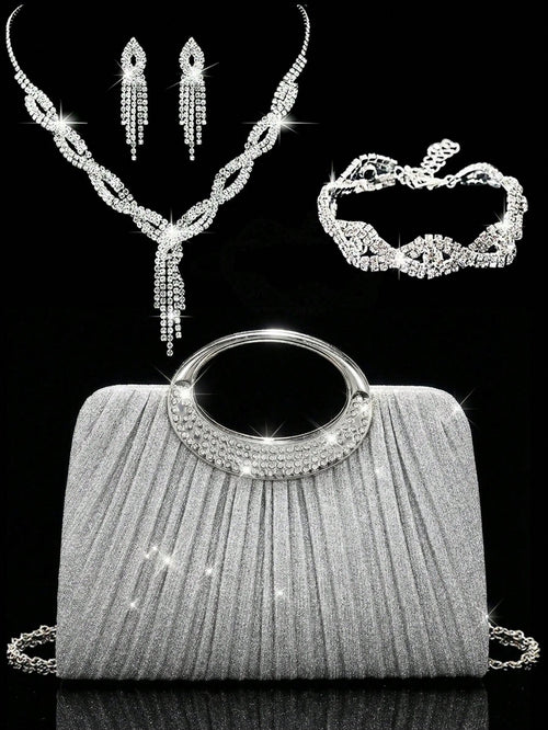 Women's Fashionable Sparkling Crystal Diamond Evening Clutch Bag, Luxurious Diamond-Encrusted Formal Dress Handbag, Can Be Matched With Sparkling Crystal Diamond Jewelry Set Including Dazzling Pendant