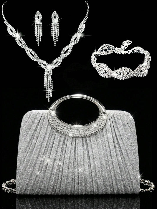 Women's Fashionable Sparkling Crystal Diamond Evening Clutch Bag, Luxurious Diamond-Encrusted Formal Dress Handbag, Can Be Matched With Sparkling Crystal Diamond Jewelry Set Including Dazzling Pendant