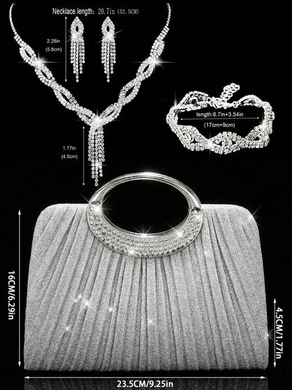 Women's Fashionable Sparkling Crystal Diamond Evening Clutch Bag, Luxurious Diamond-Encrusted Formal Dress Handbag, Can Be Matched With Sparkling Crystal Diamond Jewelry Set Including Dazzling Pendant