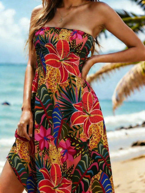 Women's Floral Patchwork Strapless Camisole Dress, Summer Vacation Beach Cover-Up Black Elegant
