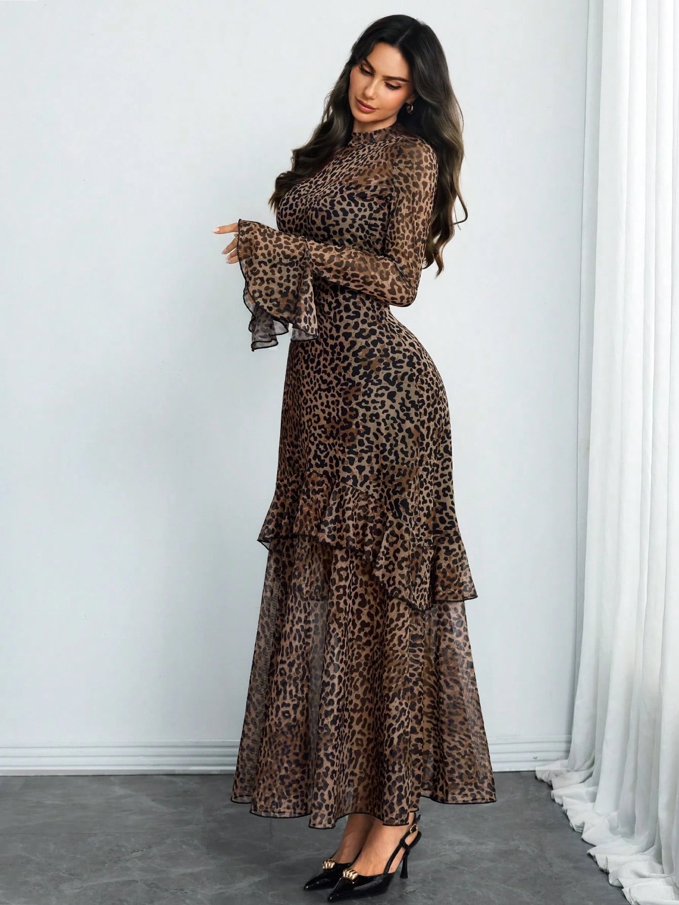 Women's Gothic Elegant Sexy Mesh Patchwork Leopard Print Retro Flare Sleeve Ruffle Hem Double Layer Dress