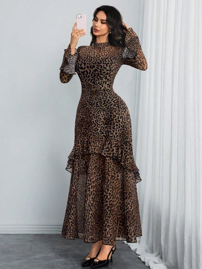Women's Gothic Elegant Sexy Mesh Patchwork Leopard Print Retro Flare Sleeve Ruffle Hem Double Layer Dress