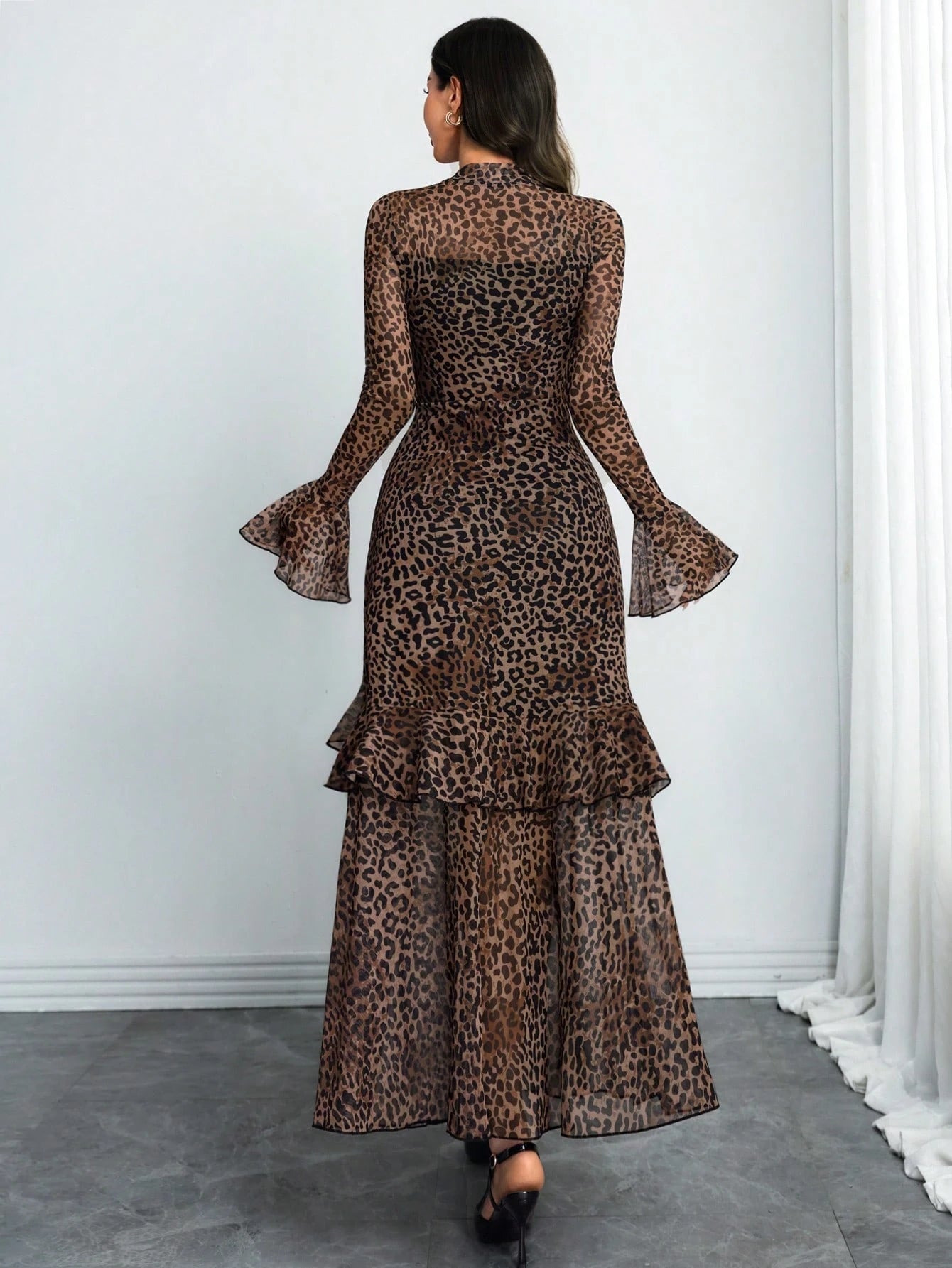 Women's Gothic Elegant Sexy Mesh Patchwork Leopard Print Retro Flare Sleeve Ruffle Hem Double Layer Dress