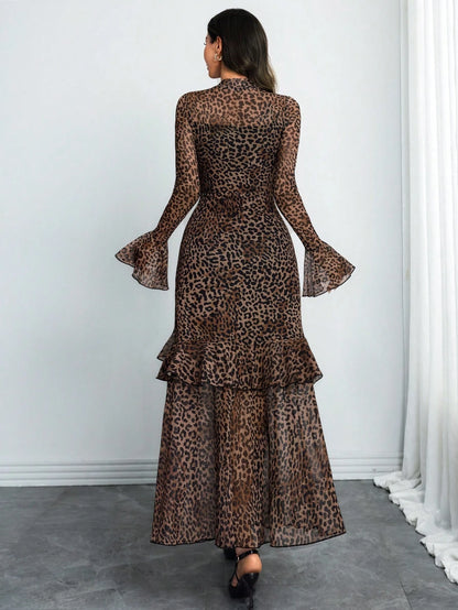 Women's Gothic Elegant Sexy Mesh Patchwork Leopard Print Retro Flare Sleeve Ruffle Hem Double Layer Dress