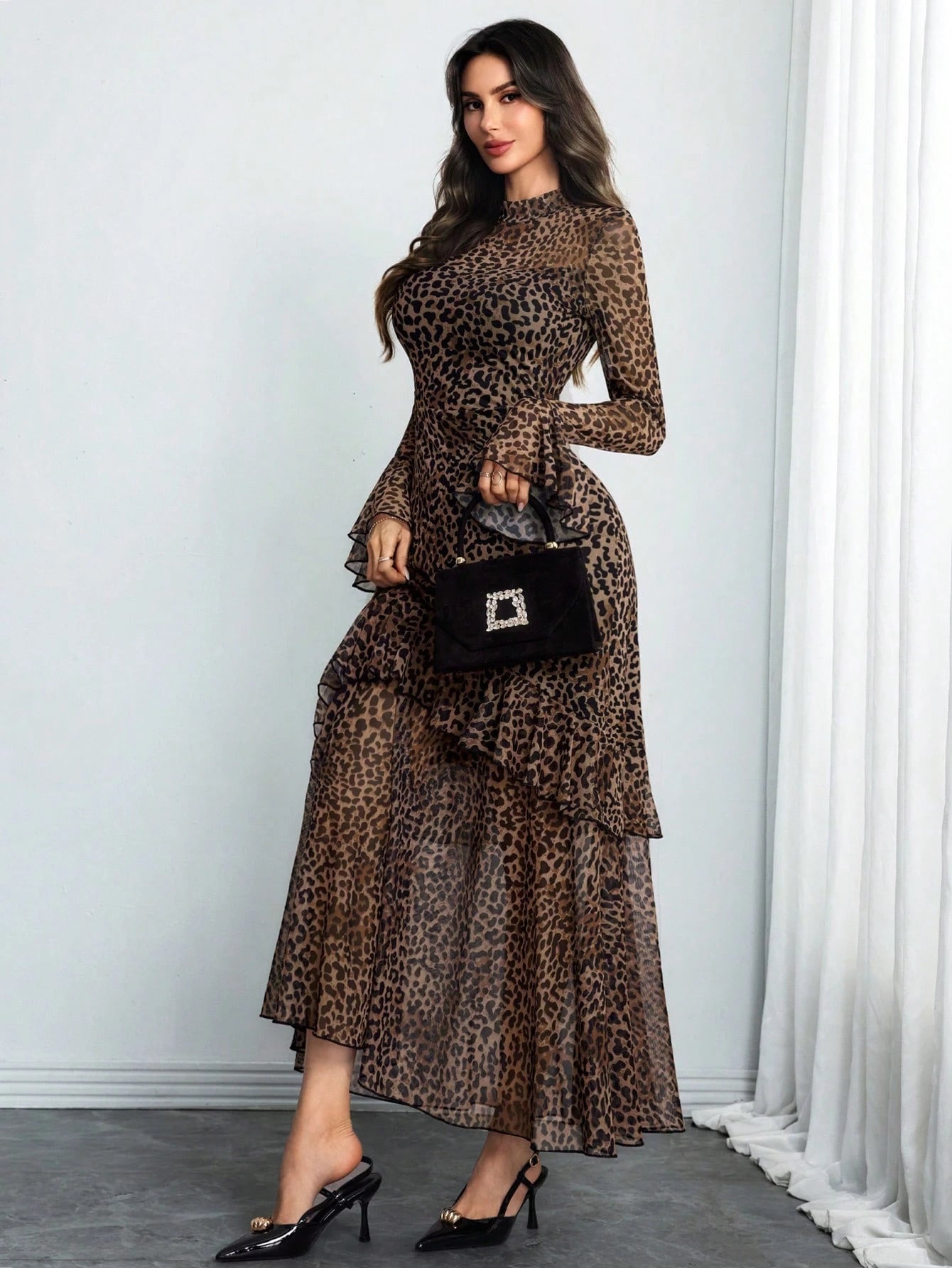 Women's Gothic Elegant Sexy Mesh Patchwork Leopard Print Retro Flare Sleeve Ruffle Hem Double Layer Dress