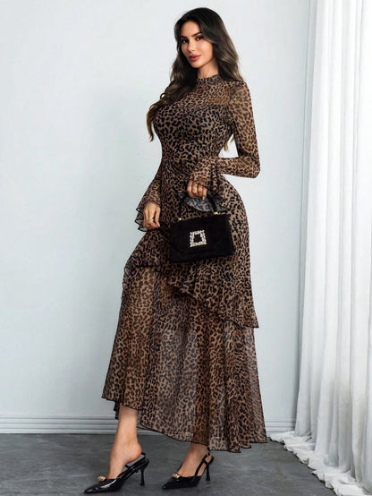 Women's Gothic Elegant Sexy Mesh Patchwork Leopard Print Retro Flare Sleeve Ruffle Hem Double Layer Dress