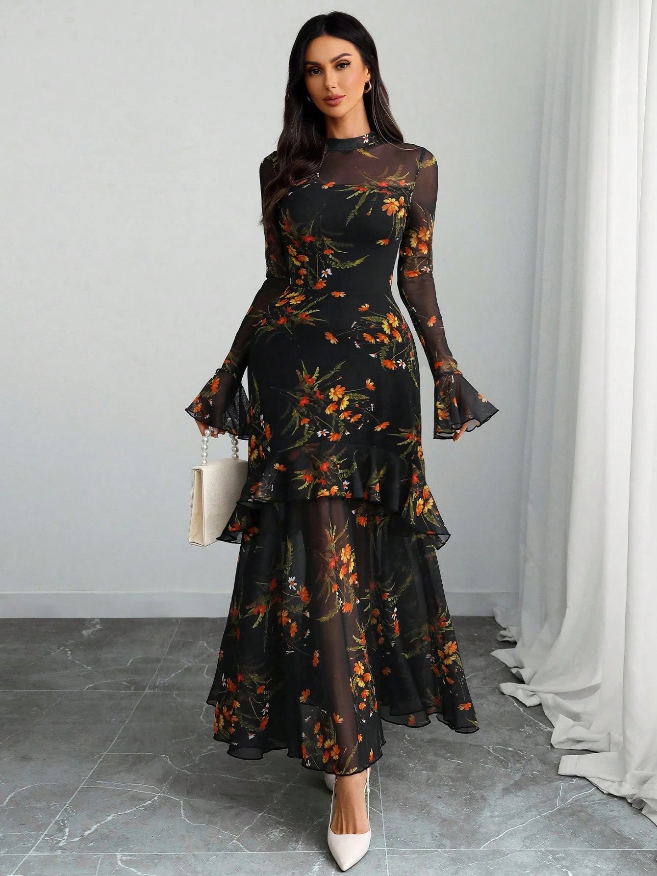 Women's Gothic Elegant Sexy Mesh Patchwork Leopard Print Retro Flare Sleeve Ruffle Hem Double Layer Dress