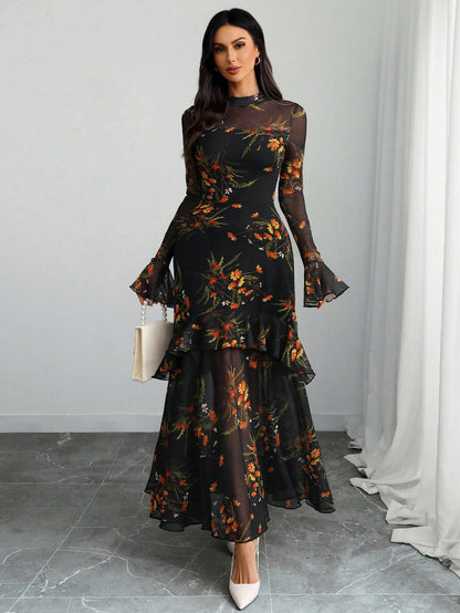 Women's Gothic Elegant Sexy Mesh Patchwork Leopard Print Retro Flare Sleeve Ruffle Hem Double Layer Dress