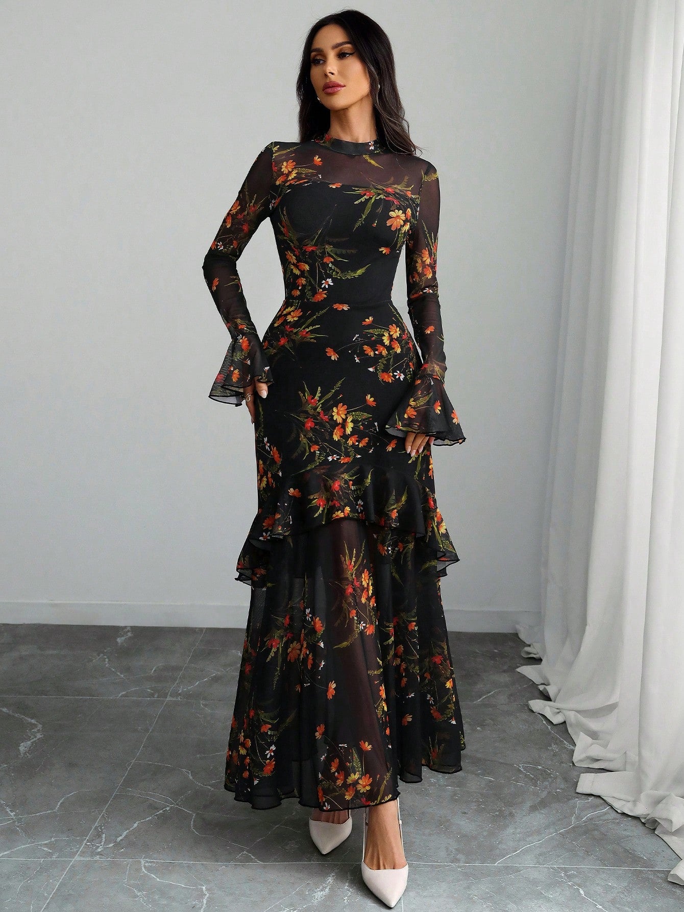 Women's Gothic Elegant Sexy Mesh Patchwork Leopard Print Retro Flare Sleeve Ruffle Hem Double Layer Dress