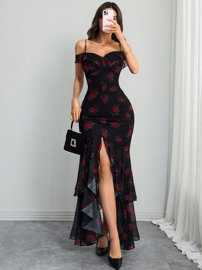 Women's Gothic Elegant Vintage Ditsy Floral Slip Dress, Romantic Colorful Asymmetric Hem, Suitable For Daily Dates, Holidays And Vacation Wear Summer