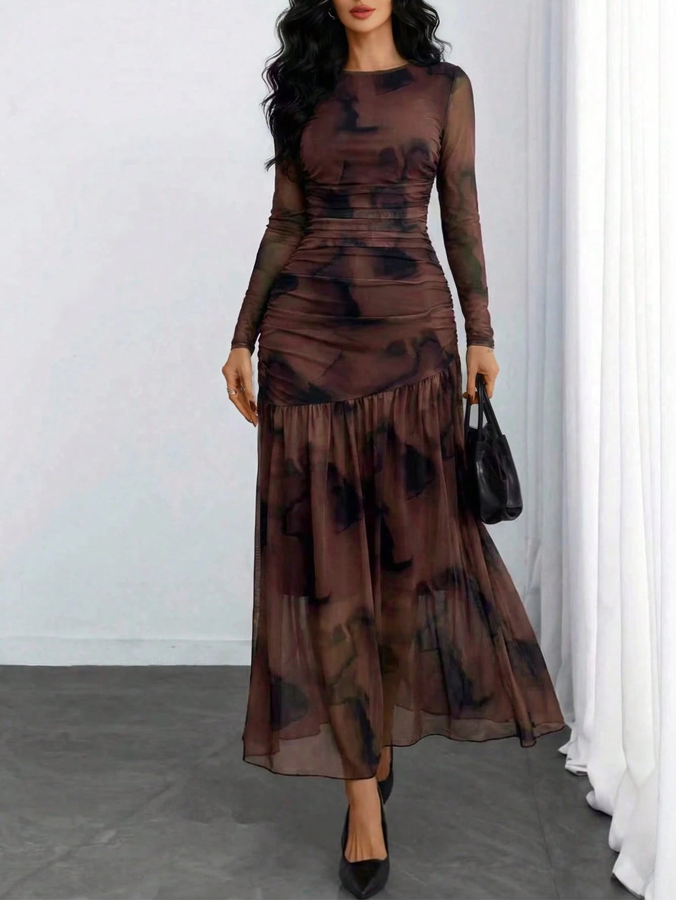 Women's Gothic Sexy Elegant Modern Contrast Stripe Asymmetrical Ruffle Waist Double-Layer Mesh Long Sleeve Dress, Suitable For Dates, Vacations And Daily Commute Spring