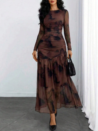 Women's Gothic Sexy Elegant Modern Contrast Stripe Asymmetrical Ruffle Waist Double-Layer Mesh Long Sleeve Dress, Suitable For Dates, Vacations And Daily Commute Spring