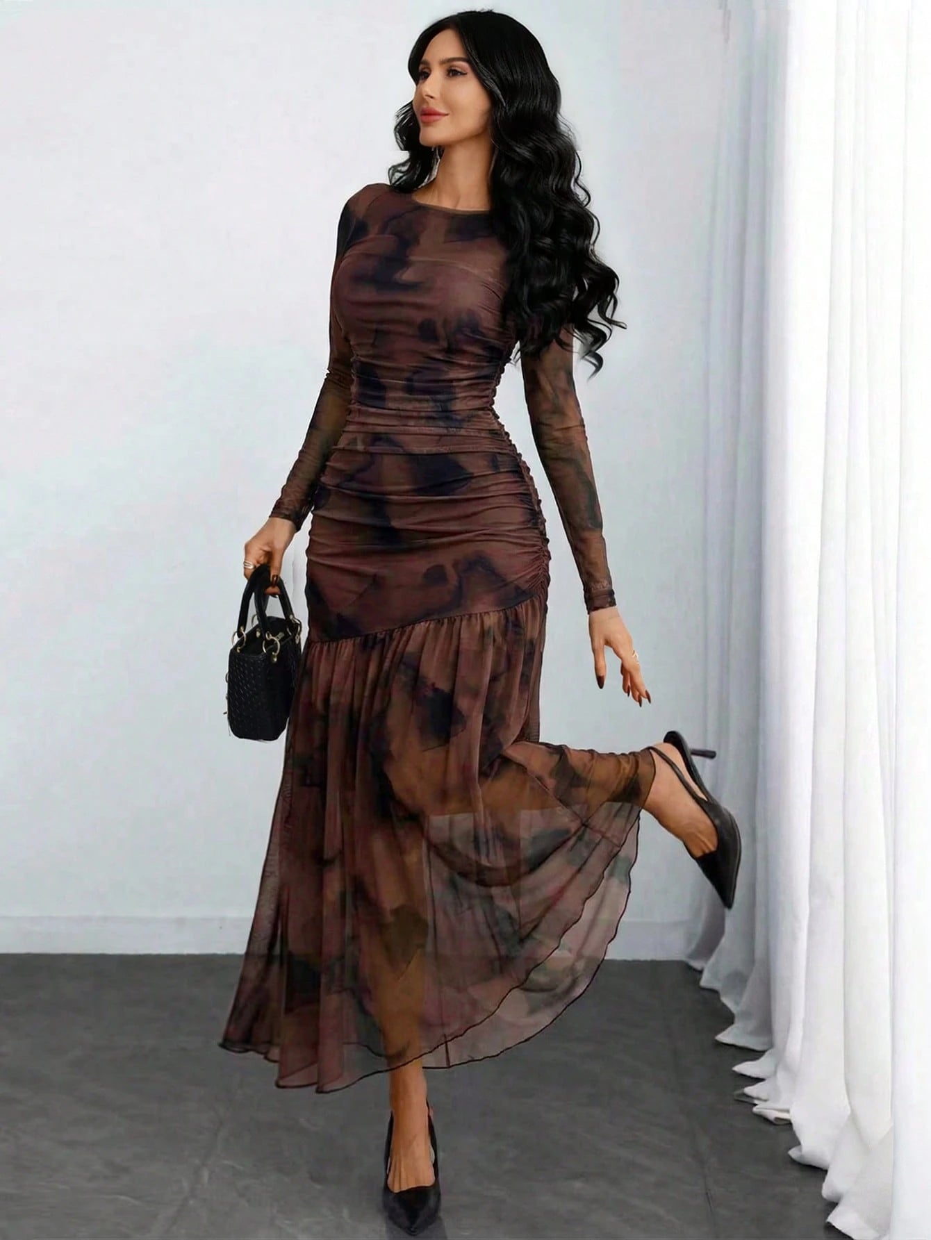 Women's Gothic Sexy Elegant Modern Contrast Stripe Asymmetrical Ruffle Waist Double-Layer Mesh Long Sleeve Dress, Suitable For Dates, Vacations And Daily Commute Spring