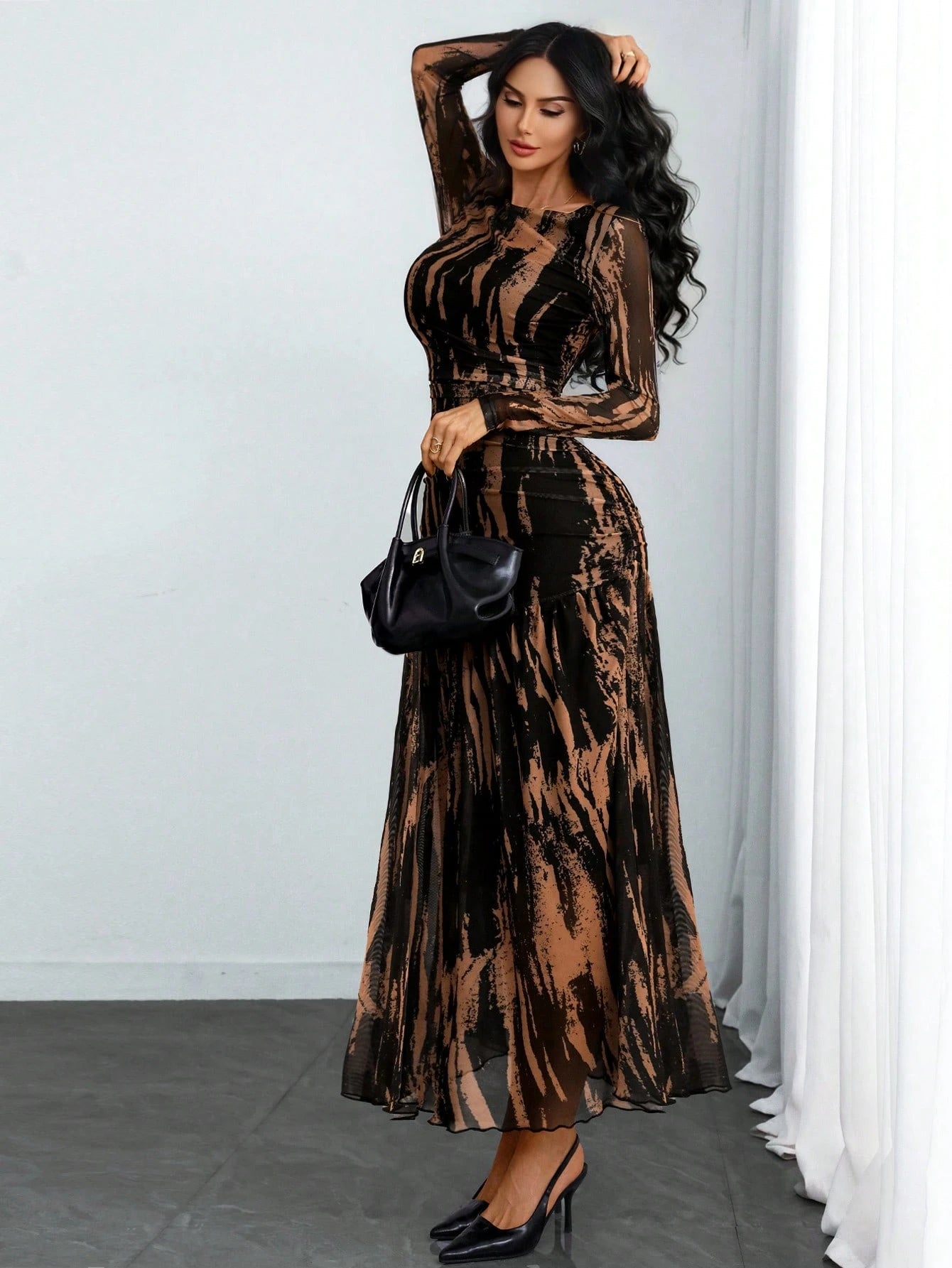 Women's Gothic Sexy Elegant Modern Contrast Stripe Asymmetrical Ruffle Waist Double-Layer Mesh Long Sleeve Dress, Suitable For Dates, Vacations And Daily Commute Spring