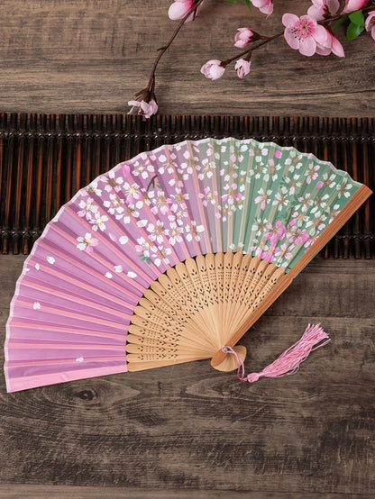Women's Hand Fan Foldable- Folding Chinese Vintage Bamboo Silk Fan- Perfect For Hot Flashes, Church, EDM, Festivals, Dance, And Gifts (Cherry Blosso