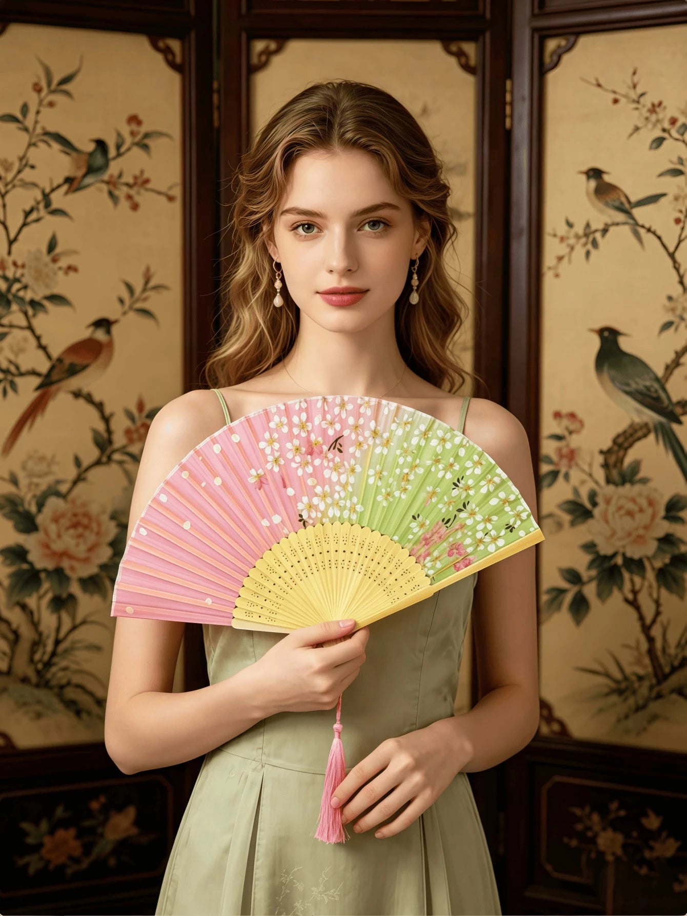 Women's Hand Fan Foldable- Folding Chinese Vintage Bamboo Silk Fan- Perfect For Hot Flashes, Church, EDM, Festivals, Dance, And Gifts (Cherry Blosso