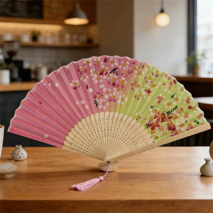 Women's Hand Fan Foldable- Folding Chinese Vintage Bamboo Silk Fan- Perfect For Hot Flashes, Church, EDM, Festivals, Dance, And Gifts (Cherry Blosso
