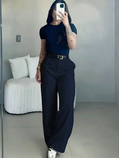Women's High-Waisted Slim Fit Wide Leg Pants In Navy Blue| Bohemian Street Style| Suitable For Spring/Summer Casual, Work Commute And Vacation (Belt Not Included)