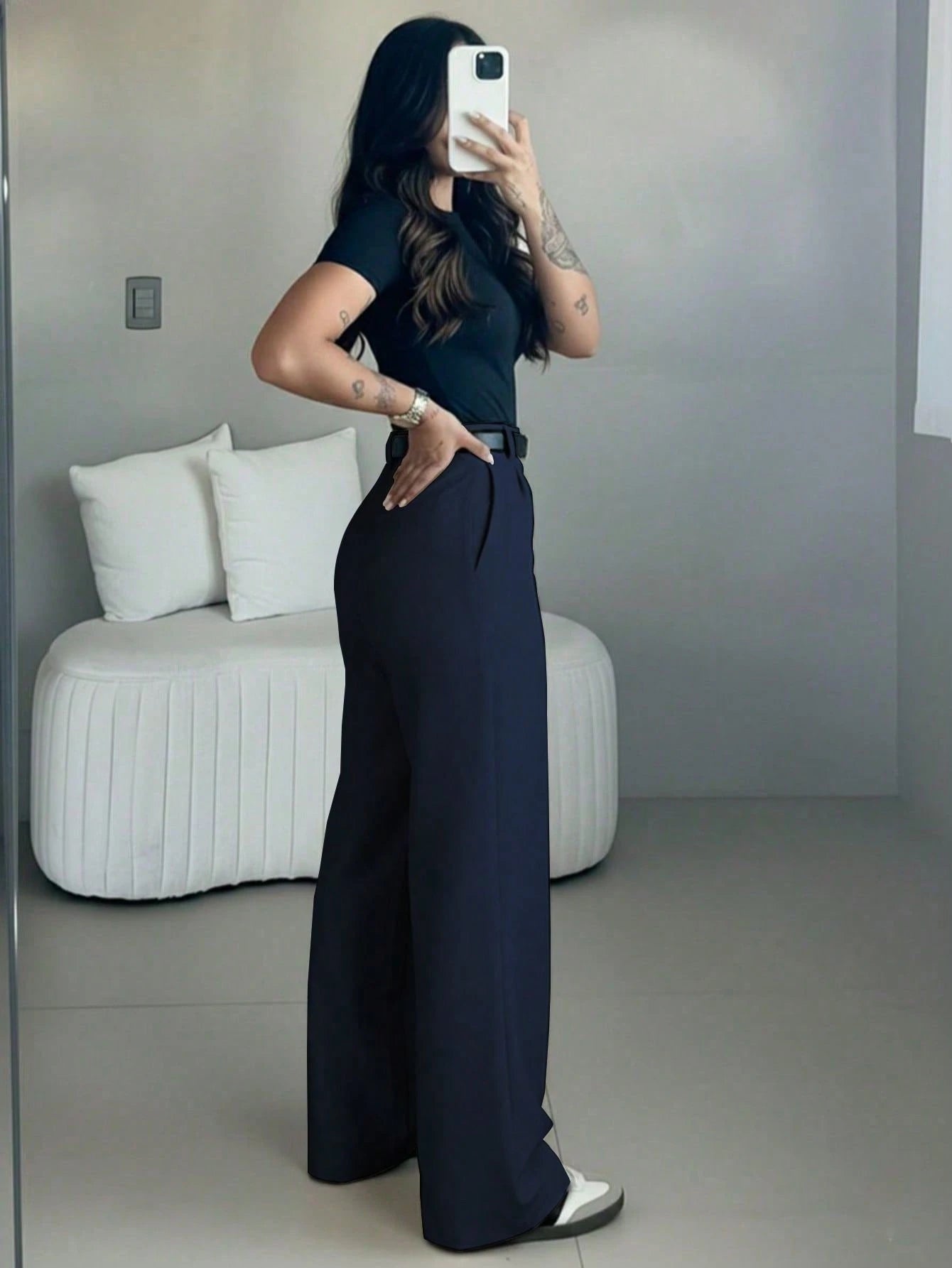 Women's High-Waisted Slim Fit Wide Leg Pants In Navy Blue| Bohemian Street Style| Suitable For Spring/Summer Casual, Work Commute And Vacation (Belt Not Included)
