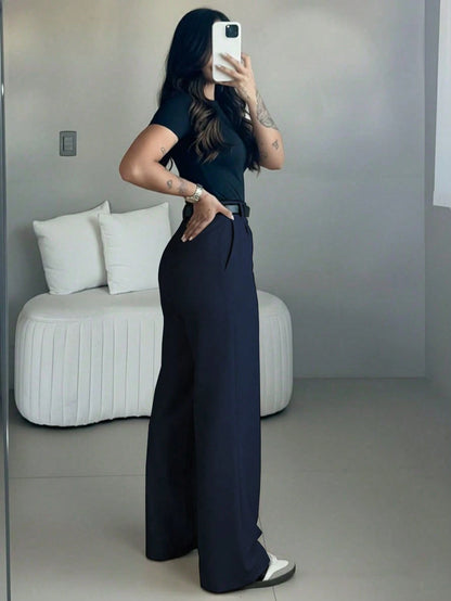 Women's High-Waisted Slim Fit Wide Leg Pants In Navy Blue| Bohemian Street Style| Suitable For Spring/Summer Casual, Work Commute And Vacation (Belt Not Included)