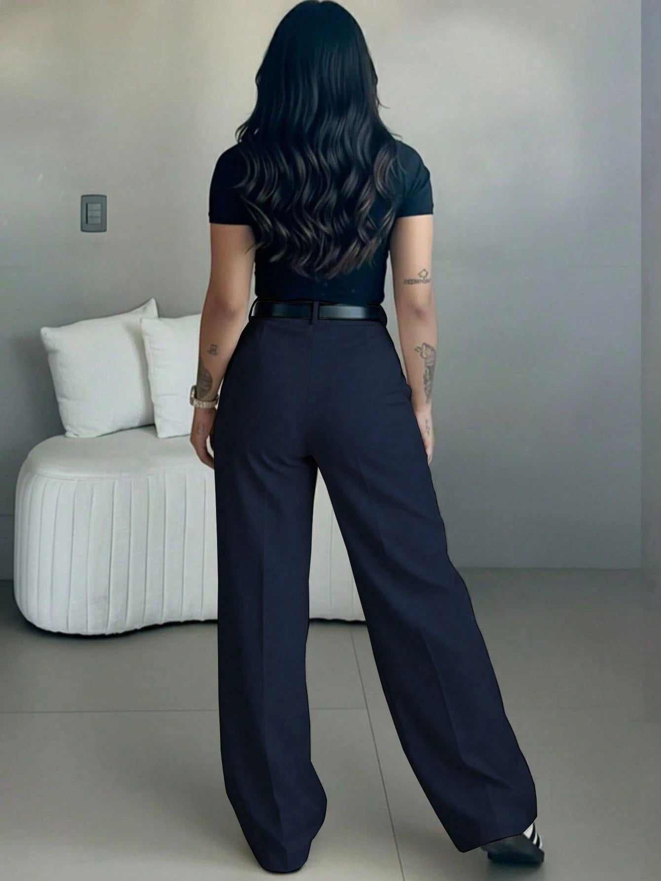 Women's High-Waisted Slim Fit Wide Leg Pants In Navy Blue| Bohemian Street Style| Suitable For Spring/Summer Casual, Work Commute And Vacation (Belt Not Included)