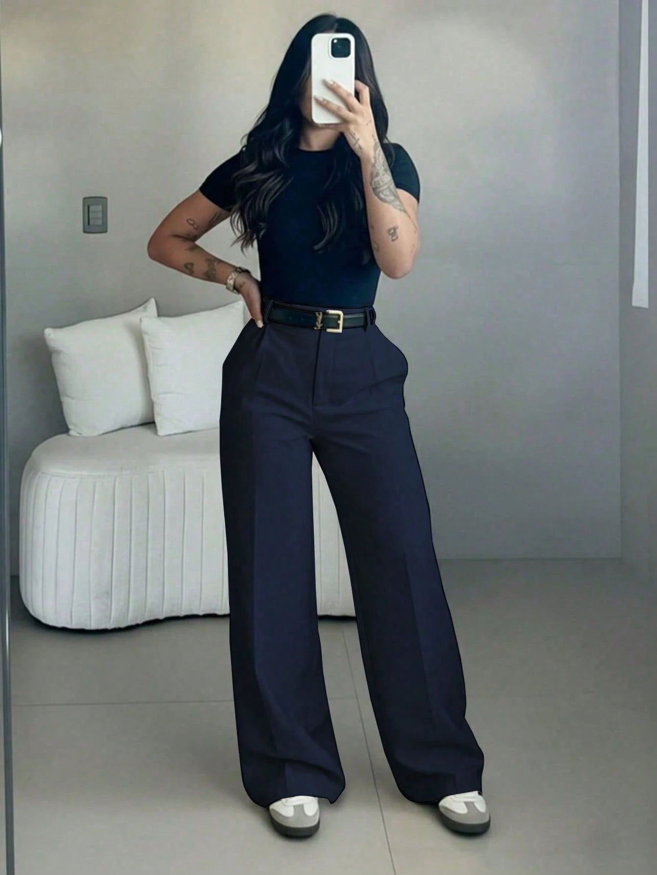Women's High-Waisted Slim Fit Wide Leg Pants In Navy Blue| Bohemian Street Style| Suitable For Spring/Summer Casual, Work Commute And Vacation (Belt Not Included)