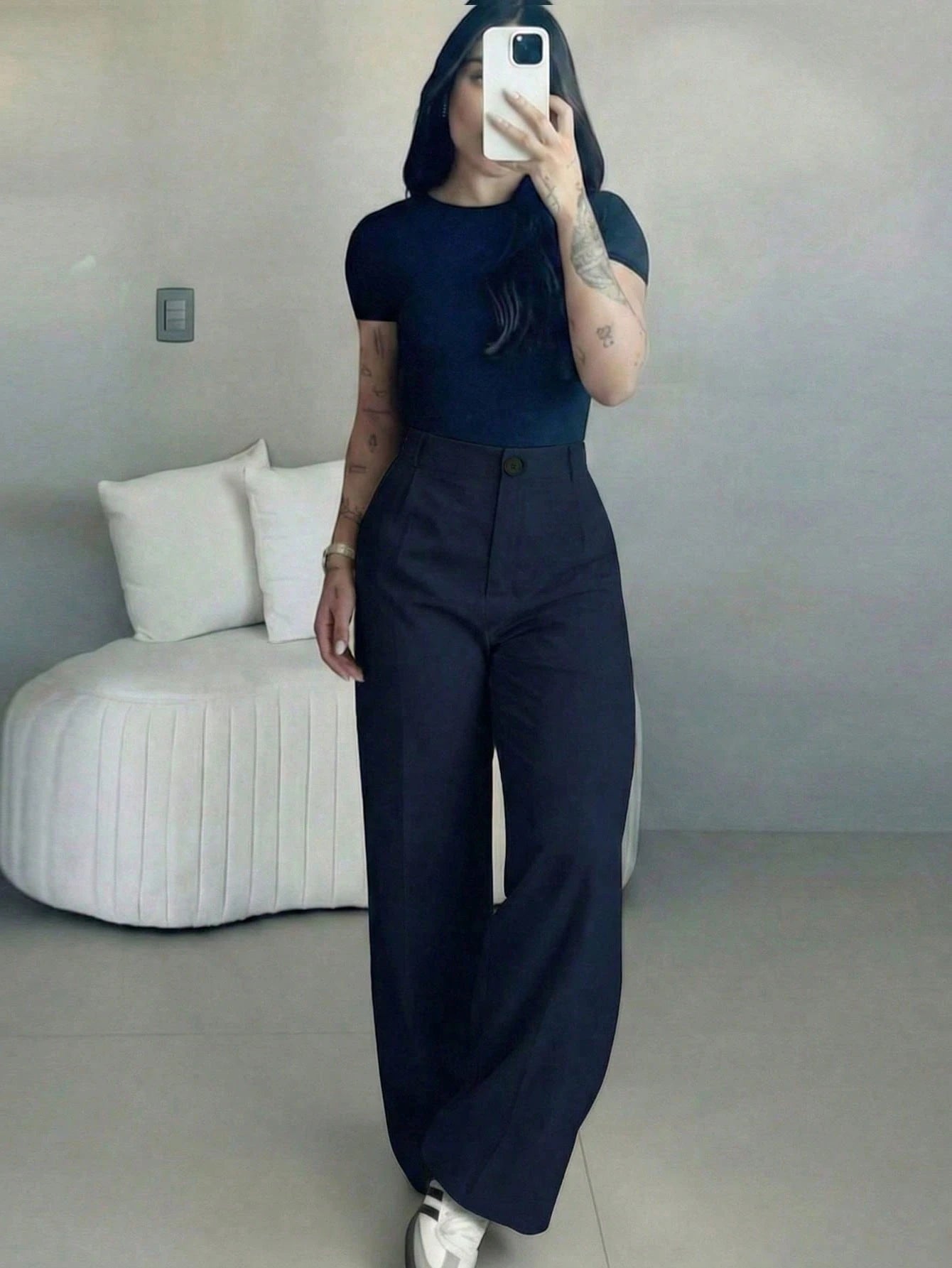 Women's High-Waisted Slim Fit Wide Leg Pants In Navy Blue| Bohemian Street Style| Suitable For Spring/Summer Casual, Work Commute And Vacation (Belt Not Included)