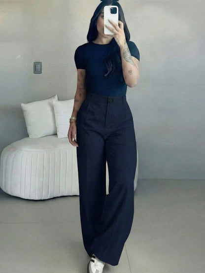 Women's High-Waisted Slim Fit Wide Leg Pants In Navy Blue| Bohemian Street Style| Suitable For Spring/Summer Casual, Work Commute And Vacation (Belt Not Included)