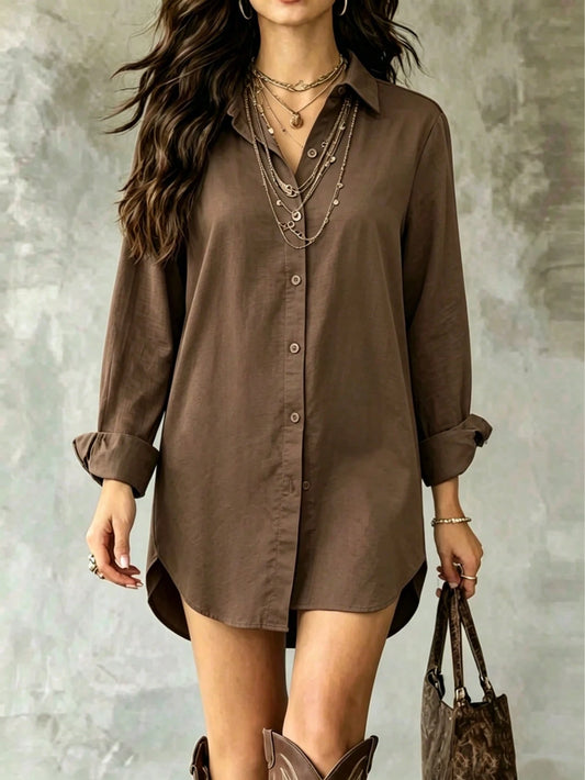 Women's Khaki Long Sleeve Polyester Button-Down Shirt Dress, With Collar, Button Front, Roll-Up Sleeves And High-Low Curved Hem, Loose Casual Top, Front Short Back Long Design, Suitable For Spring & A