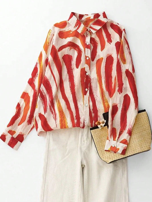 Women's Leisure All-Over Print Long Sleeve Shirt, Vacation Style Spring Red