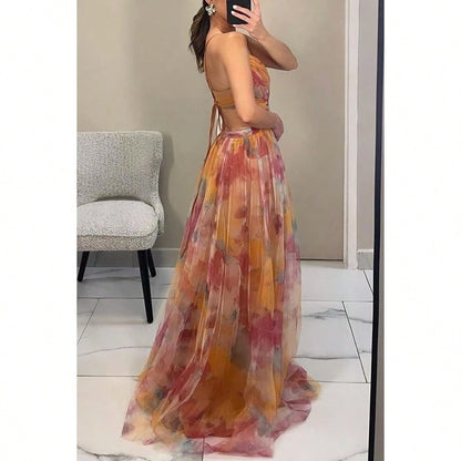 Women's Mesh Floral Cami Dress, Sheer Printed Slip Dress, Casual Vacation Party Outfit