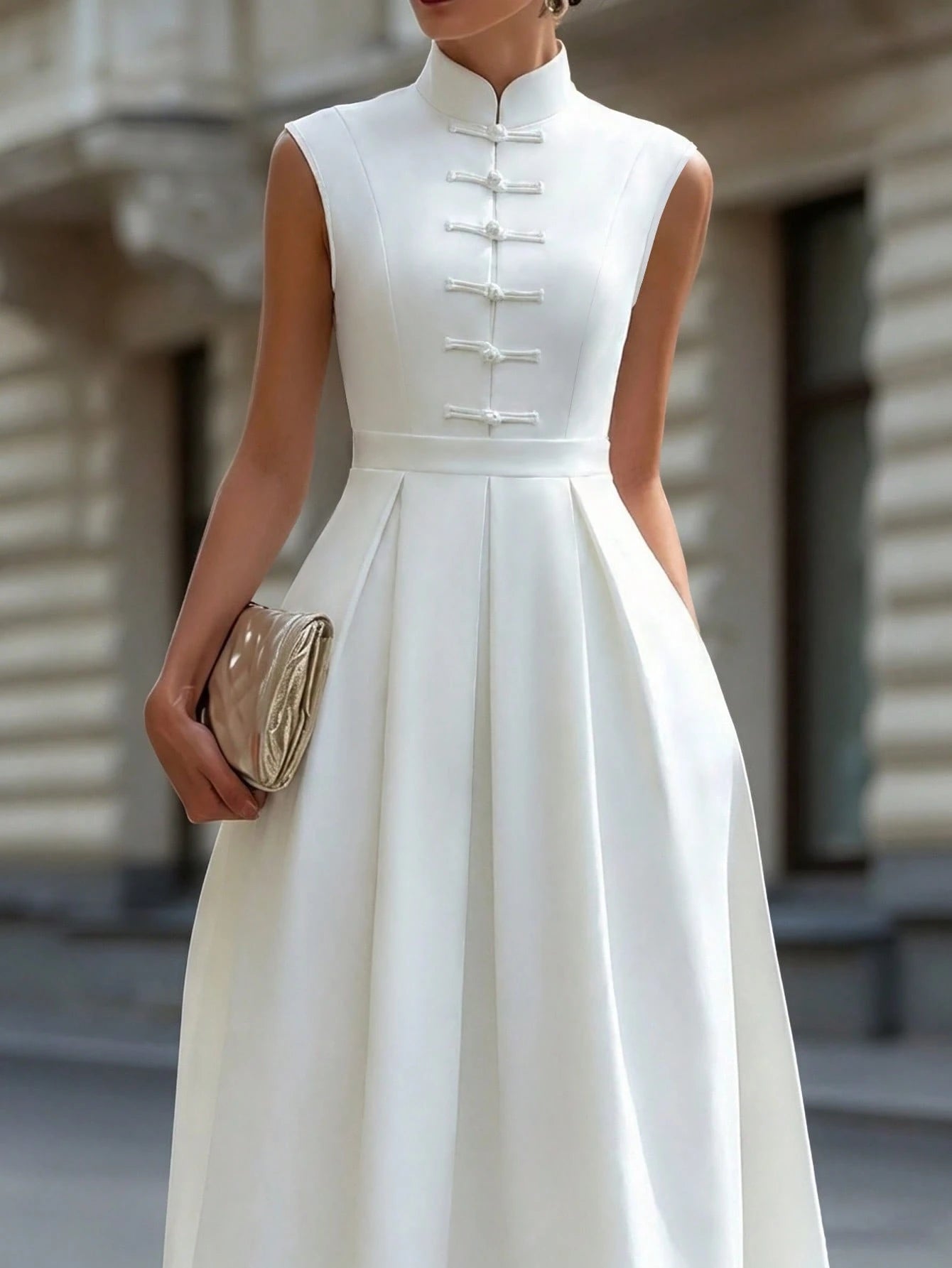 Women's New Chinese Style Cheongsam Dress, Apricot Satin Stand Collar Frog Button Sleeveless Waist-Cinching Slimming Flared Long Evening Gown