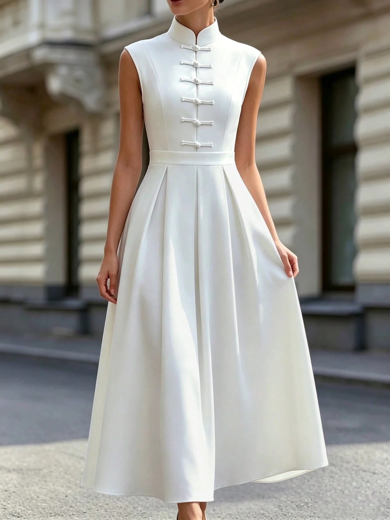 Women's New Chinese Style Cheongsam Dress, Apricot Satin Stand Collar Frog Button Sleeveless Waist-Cinching Slimming Flared Long Evening Gown