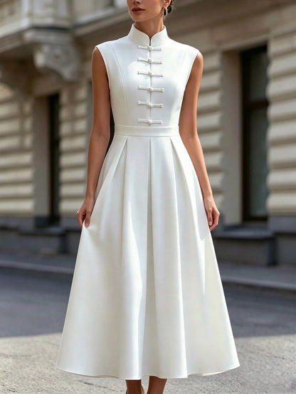 Women's New Chinese Style Cheongsam Dress, Apricot Satin Stand Collar Frog Button Sleeveless Waist-Cinching Slimming Flared Long Evening Gown