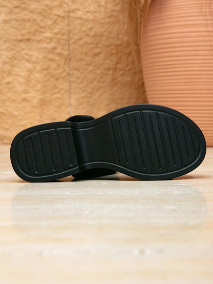 Women's New Plush Thick Sole Beach Party Slippers, Outdoor Minimalist Casual Black Sandals