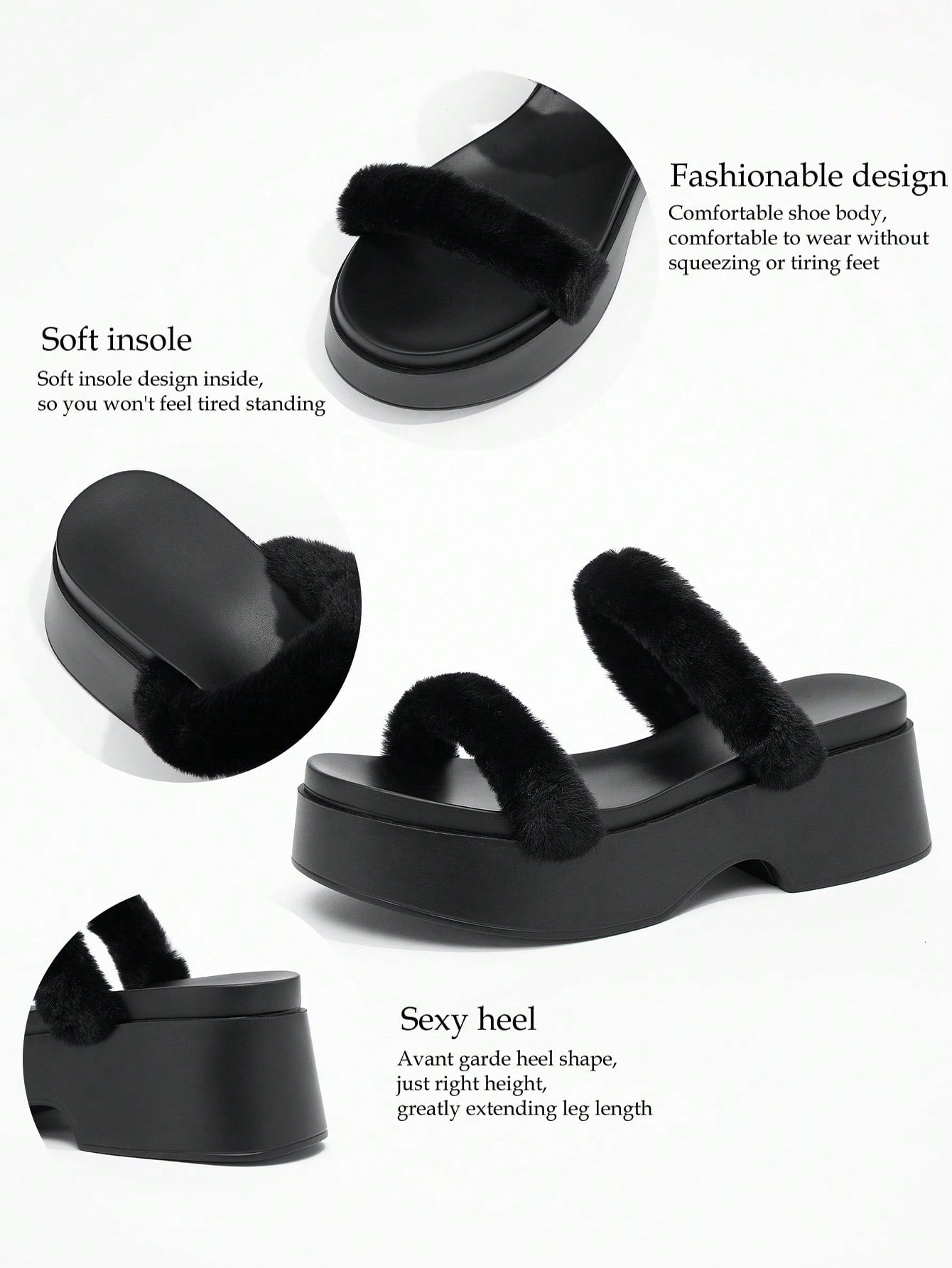 Women's New Plush Thick Sole Beach Party Slippers, Outdoor Minimalist Casual Black Sandals
