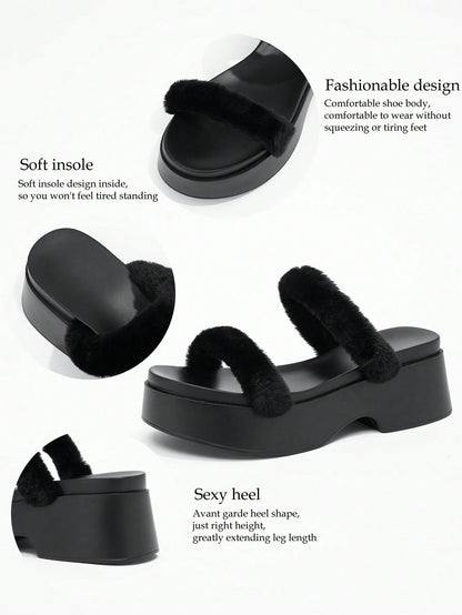 Women's New Plush Thick Sole Beach Party Slippers, Outdoor Minimalist Casual Black Sandals