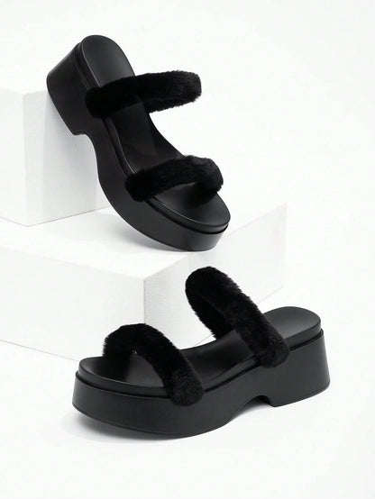 Women's New Plush Thick Sole Beach Party Slippers, Outdoor Minimalist Casual Black Sandals