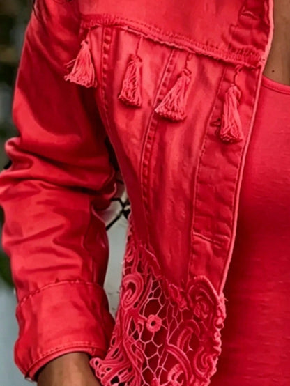 Women's New Tassel Lace Patchwork Denim Jacket, Loose And Comfortable, Machine Washable