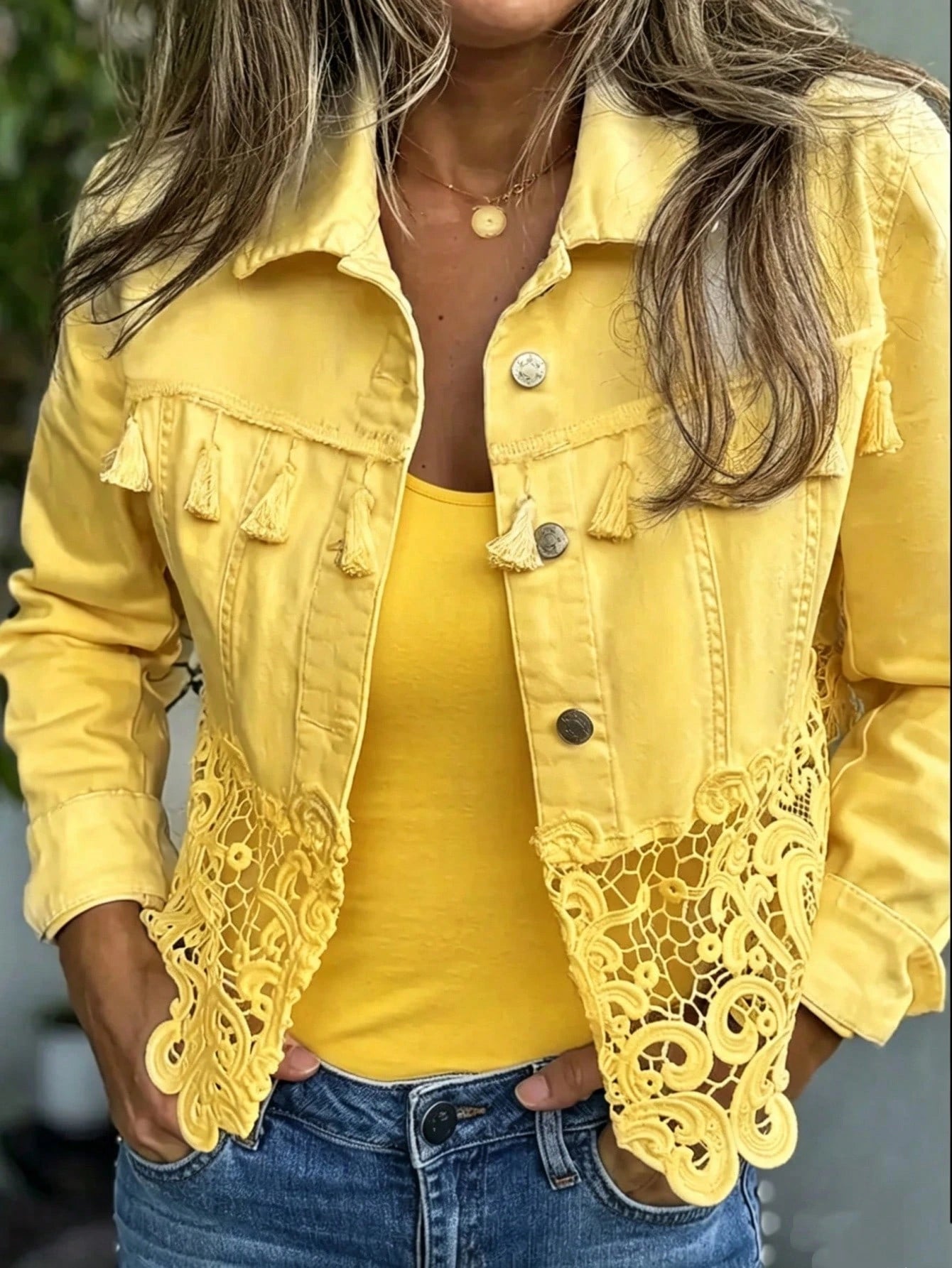 Women's New Tassel Lace Patchwork Denim Jacket, Loose And Comfortable, Machine Washable