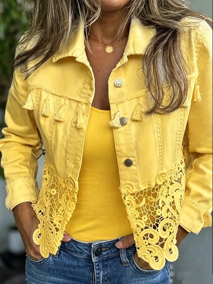 Women's New Tassel Lace Patchwork Denim Jacket, Loose And Comfortable, Machine Washable