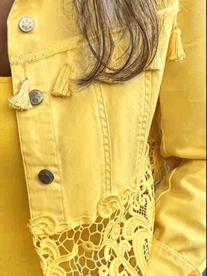 Women's New Tassel Lace Patchwork Denim Jacket, Loose And Comfortable, Machine Washable