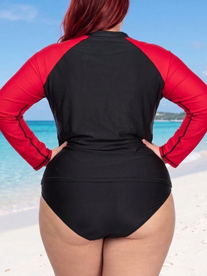 Women's Plus Size Rash Guard,Half Turtleneck Color Block Long Sleeve Swim Shirt For Beach Vacation Pool,Etc.