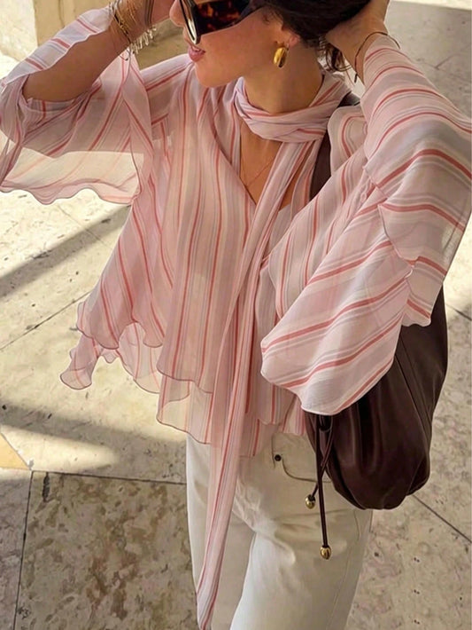 Women's Rainbow Striped Chiffon Ruffle/Frill Trim Top, Suitable For Back To School, Party, Beach, Office, Campus, Daily Wear, Spring & Summer, Boho Chic, Aesthetic