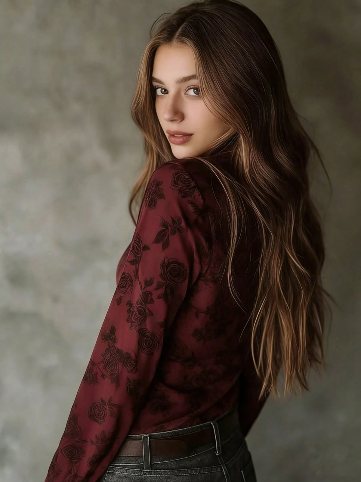 Women's Regular Length Red Rose Floral Print Button Front Shirt, Long Sleeve Classic Collar All-Over Print Vacation Blouse